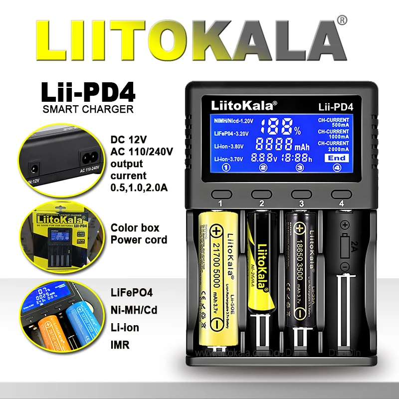 LiitoKala Lii-PD4/PD2 AC PD 충전기 LCD 고속 충전 4/2 베이, 21700/18650/AA/AAA 다중 보호 자동 감지