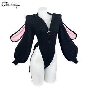 KORURACLUB 그레이 니트 긴팔 점프수트 스웨터 핑크 토끼 소녀 귀여운 플러시 토끼 꼬리