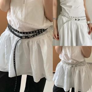 리벳 아일렛 DIY PU 가죽 허리 벨트 이중 원형 허리 체인 매듭 엑스트라 롱 얇은 허리띠 이중 레이어 홀 벨트