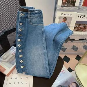 레트로 블루 스트레이트 루즈핏 청바지 2025 신상 봄 가을 멀티 버튼 디자인 슬림 와이드 레그 데님 팬츠 여성 스트리트웨어