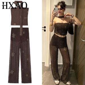HXAO 비즈 튤 팬츠 세트 여성 투피스 세트 여름 크롭 홀터 튜브 베스트 2피스 세트 여성 메쉬 하이웨이스트 트라우저 세트