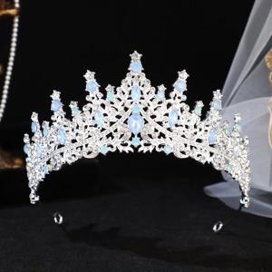 럭셔리 실버 골드 컬러 티아라와 크라운 여성 신부 블루 그린 단백질 크리스탈 라인 석 공주 웨딩 헤어 액세서리