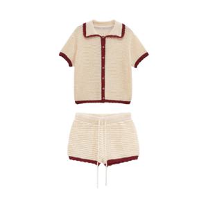 PB&ZA2025 여름 신상 여성 캐주얼 패션 라펠 반팔 버튼다운 배색 니트 탑 + 드로스트링 반바지