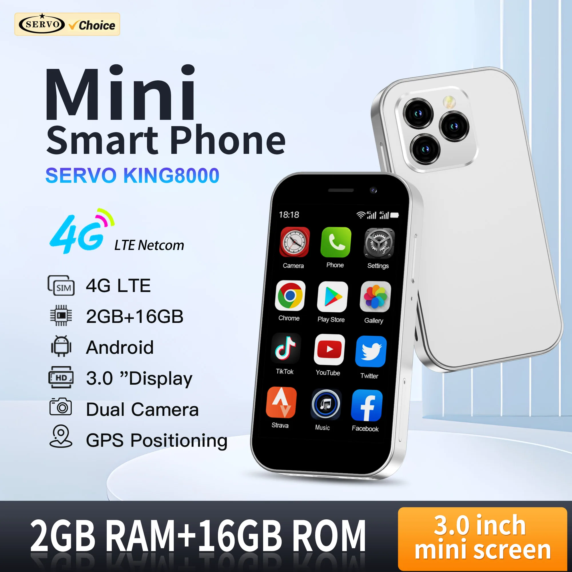 SERVO KING8000 미니 스마트폰 4G LTE 안드로이드 OS 2GB+16GB 구글 플레이 WiFi GPS 얼굴 잠금 해제 3.0인치 화면 포켓 스마트 휴대폰