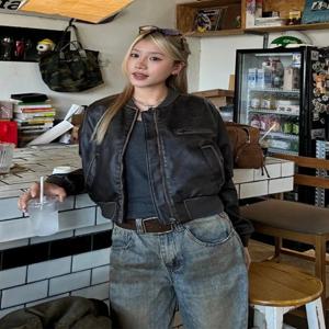 가을 겨울 신상 여성 하이엔드 숏 오토바이 가죽 재킷 여성용 탑 레트로 브라운 루즈핏 캐주얼 코트 여성 의류