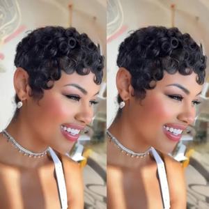 브라질리언 레미 인모 풀 머신 가발 곱슬 픽시컷 숏 가발 여성용 데일리 착용