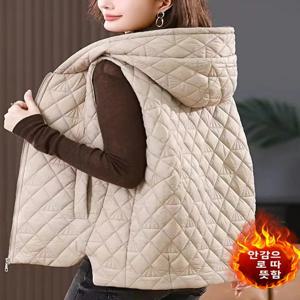 예술적인 패션 퀼트 조끼 코트 대형 사이즈 여성용 지퍼 후드 민소매 불규칙 어깨 겨울 따뜻한 아우터웨어