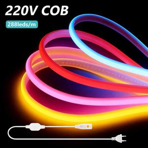 COB LED 네온 스트립 라이트 220V EU 전원 키트 10가지 색상 화이트 레드 아이스 블루 핑크 옐로우 퍼플 그린 288 LEDs 플렉스 램프 IP67 RA90