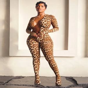 클리우 레오파드 프린트 점프수트 여성 딥 브이넥 클리비지 백리스 풀 슬리브 스키니 피치 힙 핫 걸즈 스트리트 섹시 오버올