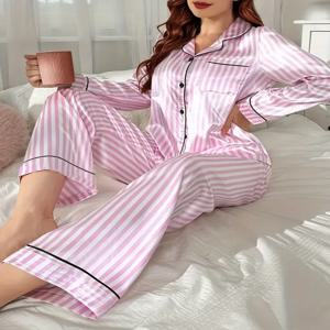 여성을위한 가을 겨울 줄무늬 잠옷 세트 잠옷 긴 소매 단추 탑과 긴 바지 세트 Homewear Loungewear