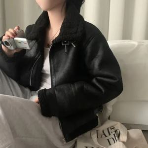 세련된 여성용 스웨이드 오토바이 재킷, 패셔너블한 레트로 가죽 퍼 일체형 루즈핏 코튼 탑, 트렌디한 출퇴근 스타일