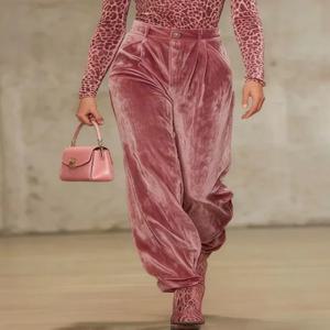 본보호 여성용 핑크 벨벳 하이웨이스트 팬츠 버튼형 루즈핏 풀 렝스 바지 2025 스타일리시 플리츠 팬츠 매칭 바텀스