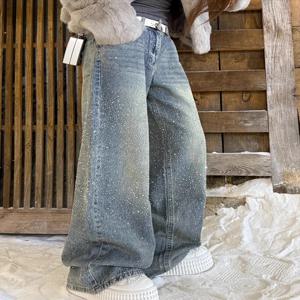 아메리칸 하이 스트리트 글리터 다이아몬드 스플라이싱 여성용 가을 겨울 롱 팬츠 패셔너블하고 다재다능한 플로어-레인지 진