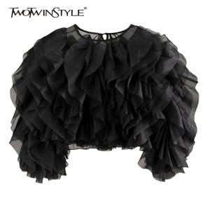 TWOTWINSTYLE 빈티지 패치 워크 프릴 셔츠 여성용 O 넥 랜턴 긴 소매 솔리드 우아한 블라우스 여성 패션 새로운 스타일