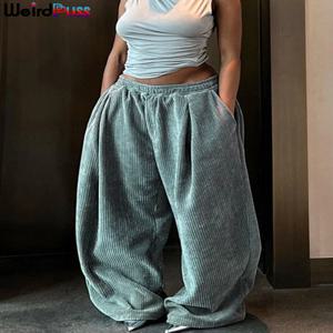 이상한 Puss Y2K 캐주얼 와이드 레그 팬츠 여성 가을 ​​느슨한 단순 기본 포켓 하이 웨이스트 바지 코듀로이 streetwear 긴 바지