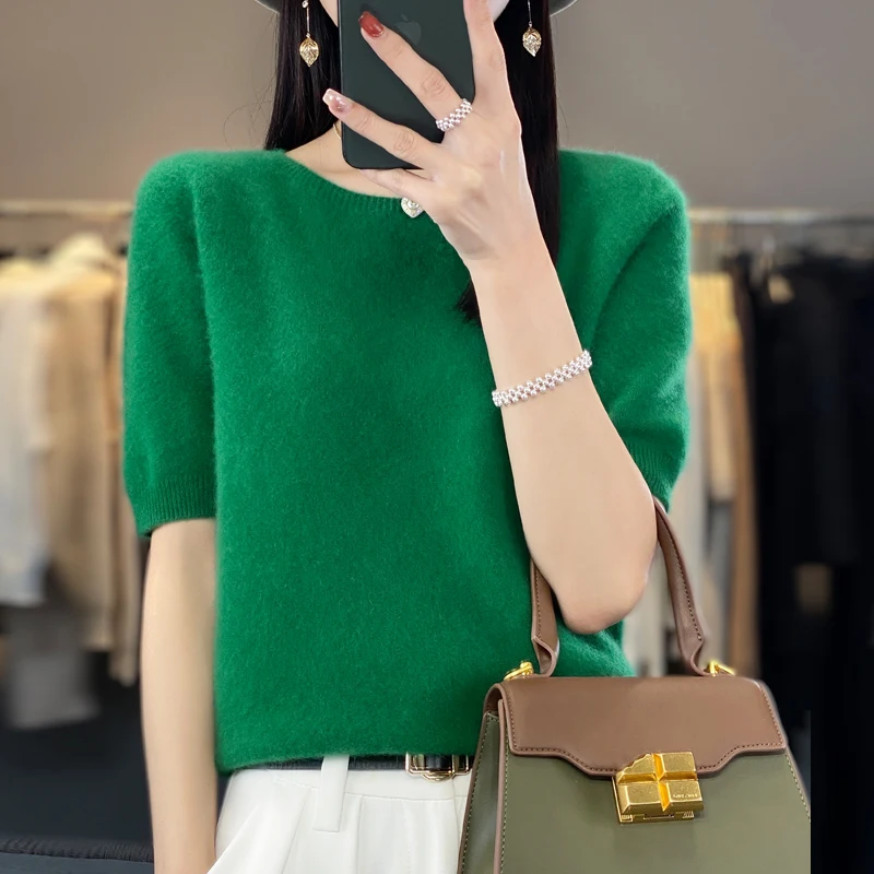 100% 순수 울 여성용 라운드 넥 스웨터 반소매 이음매 없는 루즈 니트 반소매 바닥 소매.