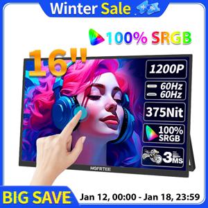 HGFRTEE 16인치 터치 휴대용 모니터 16:10 96%sRGB 350Cd/m² 노트북용 보조 화면 홀더 스탠드 포함 타입-C HDMI 호환