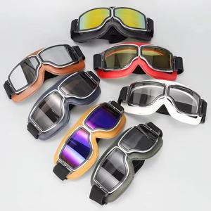 레트로 오토바이 고글 빈티지 MotoRider 스쿠터 파일럿 가죽 안경 야외 방풍 UV 선글라스 자전거 사이클링 고글