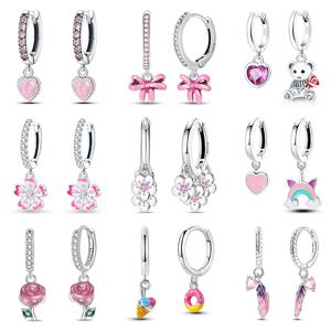 여자를위한 귀걸이 925 실버 컬러 핑크 레인보우 말 곰 꿀벌 더블 후프 귀걸이 파인 약혼 기념일 쥬얼리 선물