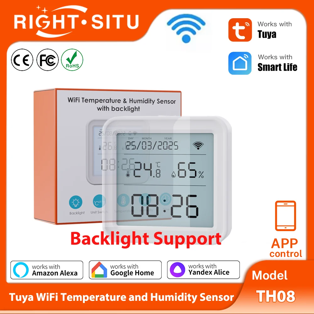 백라이트가 지원되는 Tuya 온도 및 습도 센서 WiFi 습도계 온도계는 Yandex Alexa와 함께 작동합니다.
