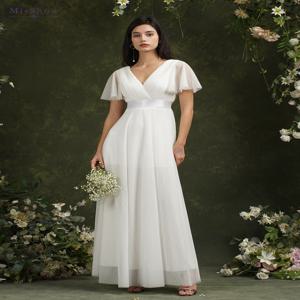 여성용 심플 비치 아이보리 웨딩 드레스, A 라인 퍼퍼, 반팔, V 넥 플리츠, 얇은 명주 그물, 오픈 백, 신부 무도회 가운, 벨트 포함