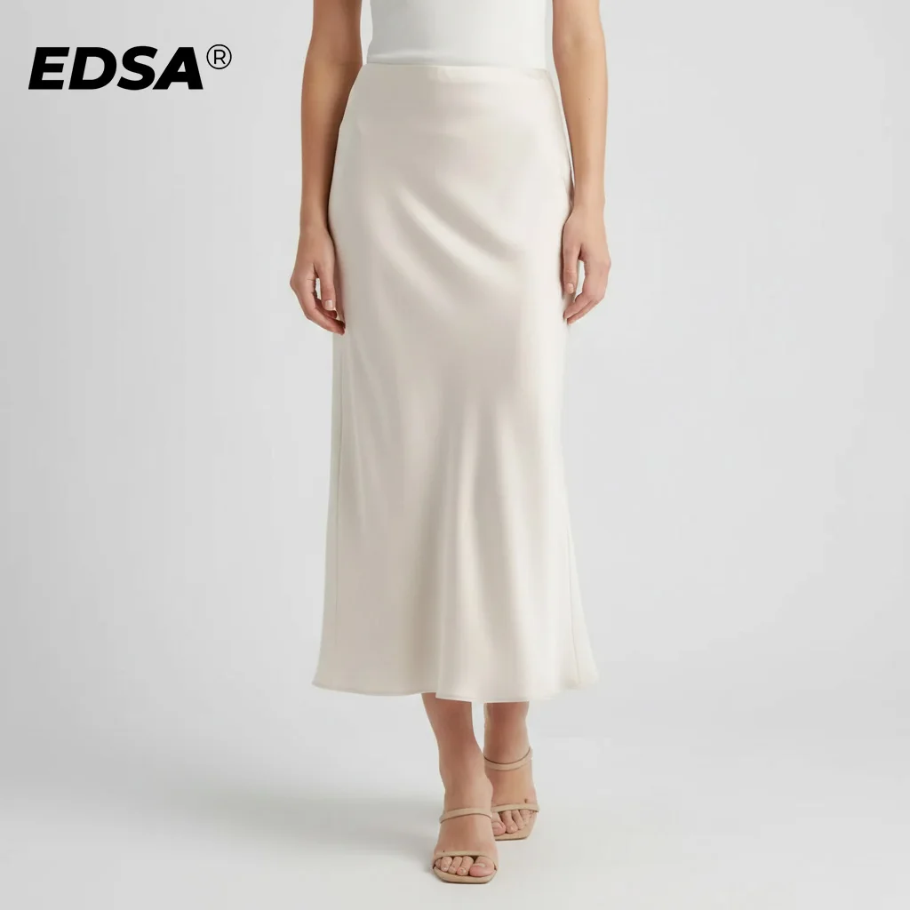 EDSA 여성용 새틴 미디 스커트, 하이웨이스트 스트레이트 롱 스커트, 여름 바디콘, 여성 홀리데이 캐주얼 스트리트웨어