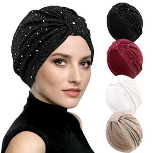여성 스팽글 매듭 터번 인도 모자 이슬람 Hijab 비니 보닛 탈모 Headscarf Chemo Cap Headwear Bandanas Turbante Mujer