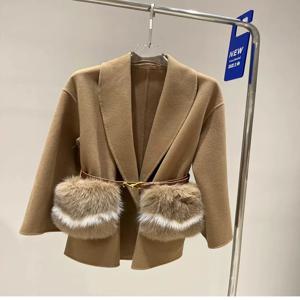 2025 여성용 캐시미어 울 모직 재킷, 진짜 천연 여우 모피 포켓 코트, 숙녀 외투, 럭셔리 재킷, 겨울 신상