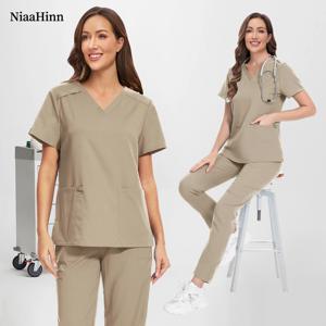 Niaahinn 솔리드 컬러 치과 외과 유니폼 남여 v 넥 미용실 작업복 애완 동물 미용 수의사 스크럽 간호사 유니폼