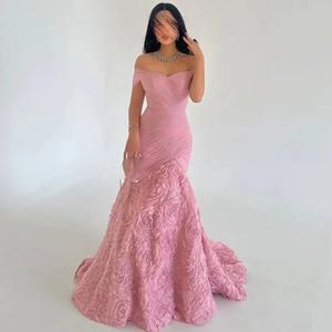 맞춤 제작된 고품질의 정교한 클래식 저지 플리츠 수제 꽃볼 오프숄더 롱 드레스 프롬 드레스 세트