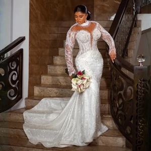 사용자 정의 인어 플러스 사이즈 웨딩 드레스 아프리카 흑인 여성을위한 높은 목 긴 소매 레이스 환상 신부 가운