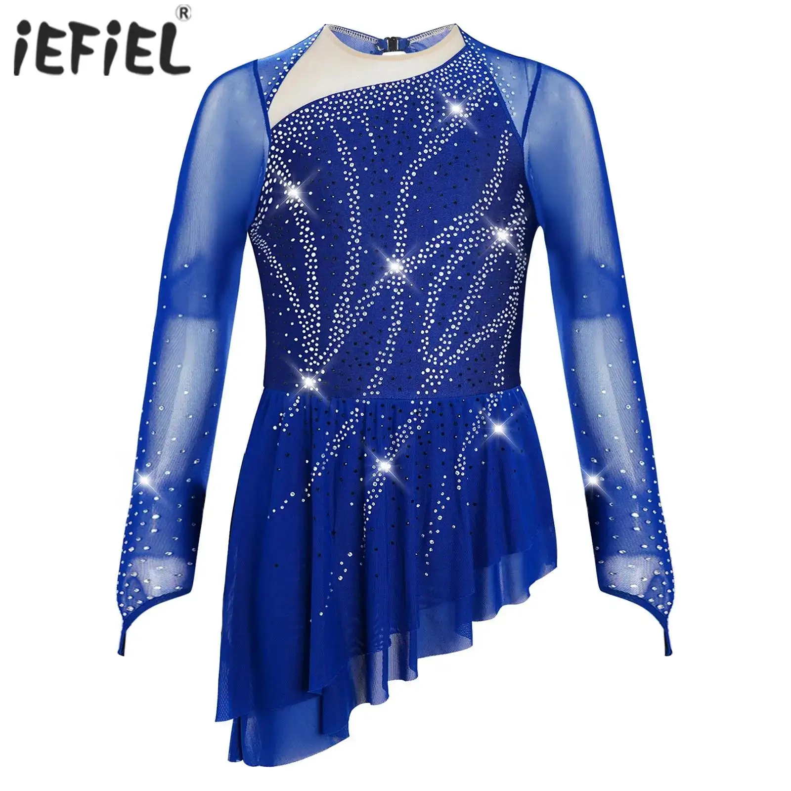 키즈 소녀 현대 서정적 댄스 드레스 쉬어 메쉬 긴 소매 컷 아웃 백 라인 석 드레스 피겨 스케이팅 서정적 댄스웨어