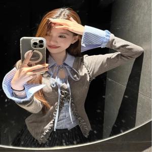 여성용 긴팔 니트 가디건 벨트 플래드 스플라이싱 우드이어 엣지 겨울 신상 슬리밍 페이크 투피스 스타일