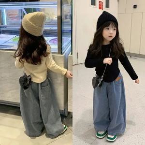 Autunm Clothes 1PCS 아동 데님 바지 소녀 아기 옷 한국 바닥 셔츠 캐주얼 청바지 소녀 와이드 레그 바지상의