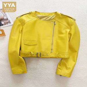 여성 정품 가죽 오토바이 자켓 오-넥 패션 긴 소매 펑크 streetwear 새로운 지퍼 슬림 맞는 양피 짧은 코트 여성