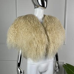 몽골리안 숏 퍼 코트 판초 여성용 크롭 퍼 재킷 고급 따뜻한 신상품 여성 양털 코트