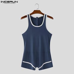 INCERUN 남성 바디 슈트 패치 워크 오 넥 민소매 여름 남성 Rompers Playsuits streetwear 운동 섹시한 2025 아늑한 바디 슈트 남성