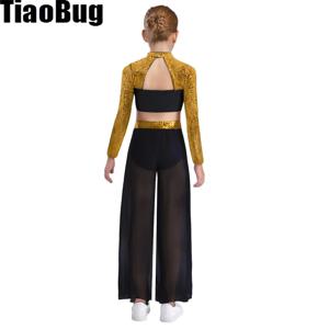여아 리리컬 댄스 세트 발레 재즈 댄스 의상 긴팔 스팽글 크롭탑 쉬폰 와이드 레그 사이드 슬릿 댄스 팬츠 의상