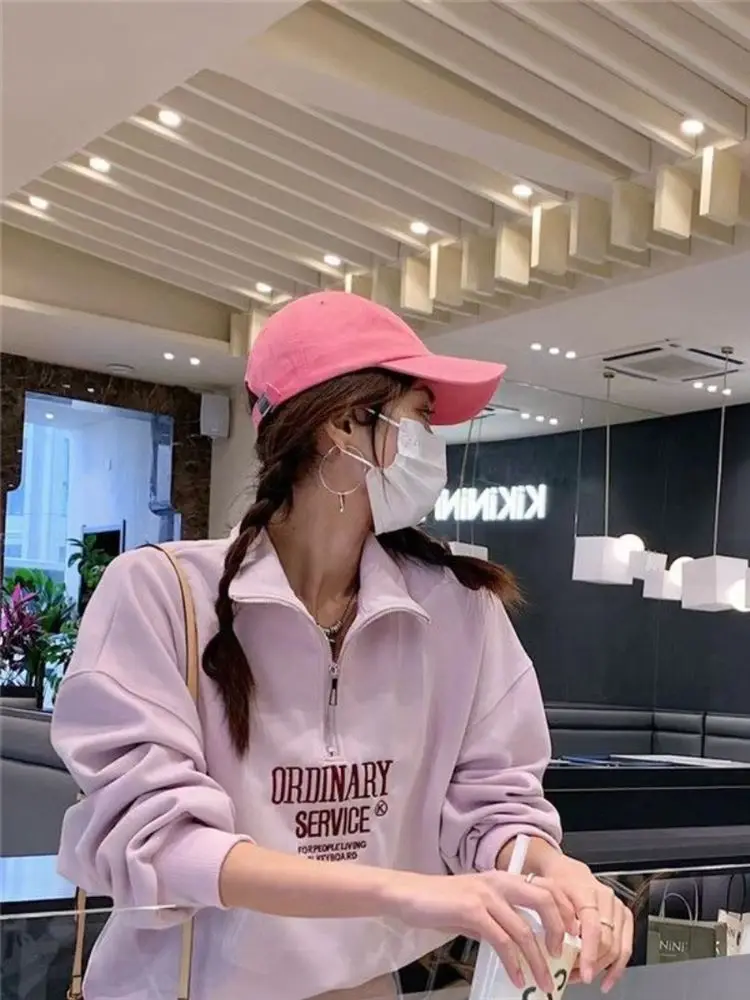 레트로 아메리칸 스타일 지퍼 후드 재킷 여성용 루즈핏 캐주얼 스포티 스탠드 칼라 탑 소형 체형용 가을 착용