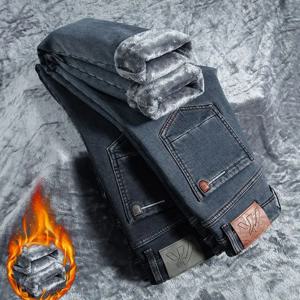 겨울용 따뜻한 남성용 청바지 플리스 두꺼운 신축성 있는 스모크 그레이 블랙 비즈니스 스트레이트 캐주얼 데님 팬츠 브랜드 남성 플러시 의류