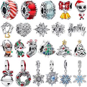 크리스마스 925 스털링 실버 참 장식품 산타클로스 순록 크리스마스 트리 눈사람 엘크 비즈 오리지널 팔찌 목걸이 주얼리에 적합