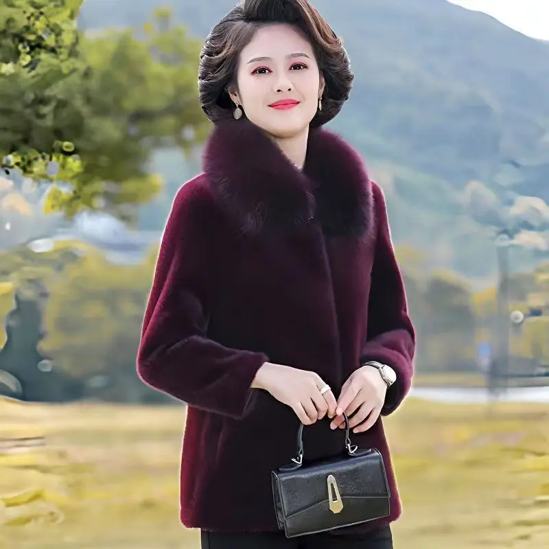 밍크 퍼 자켓 여성용 가을 겨울 고급 중년 노년 어머니용 퍼 코트 여성용 따뜻한 코트 대형 사이즈 4XL