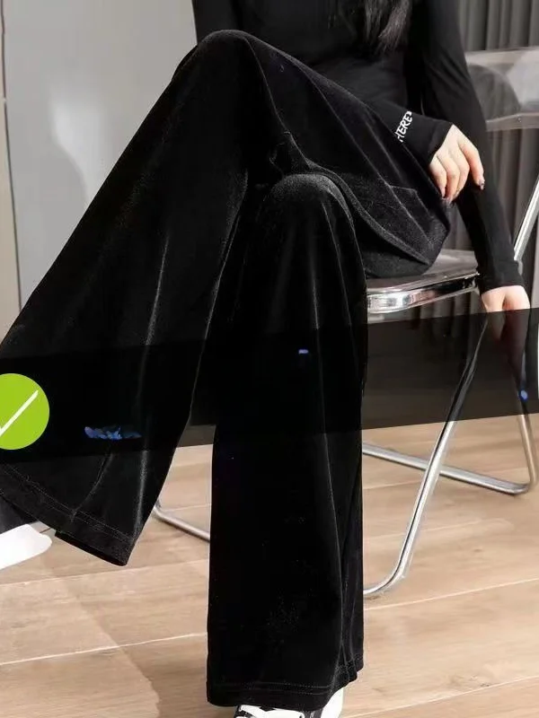 하이웨이스트 벨벳 와이드 레그 팬츠 여성용 가을 겨울 신상 슬림핏 드레이프 플리스 라지 사이즈 스트레이트 컷 트라우저