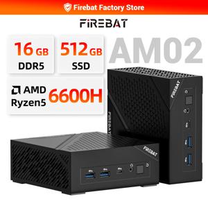 FIREBET AM02 미니 PC 6600H CPU 6코어/12스레드 최대 4.5GHz 16GB LPDDR5 RAM 512GB SSD 윈도우 11 데스크탑 2*RJ45 WIFI6 BT5.2 게이밍 컴퓨터