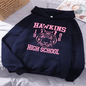 호킨스 고등학교 프린트 후드티 여성용 겨울 플리스 따뜻한 스웨트셔츠 기본 루즈 포켓 풀오버 스트리트 여성 의류
