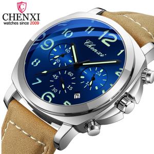 CHENXI 밀리터리 스포츠 럭셔리 남성용 쿼츠 시계 방수 발광 크로노그래프 날짜 표시 가죽 밴드 편안한 착용감 시계