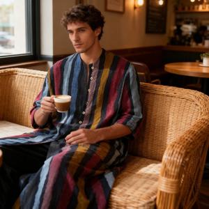 아랍 남성용 로브 셔츠 긴 소매 줄무늬 프린트 티셔츠 무슬림 면 로브 일상 착용 및 문화 활동에 적합