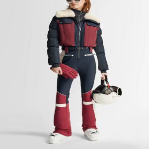 여성 패션 컬러 블록 지퍼 스키복 벨트 포함 시크한 긴 소매 긴 바지 라펠 점프수트 2026년 신상 겨울 스키 스포츠웨어