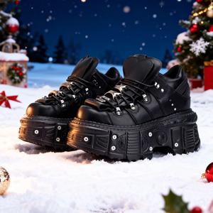 2025 뉴 펑크 스타일 여성 신발 레이스업 힐 높이 6CM 플랫폼 슈즈 여성 고딕 앵클 록 부츠 메탈 장식 여성 스니커즈