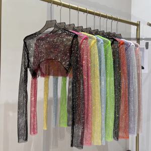 2023 새로운 섹시한 밝은 다이아몬드 짧은 탑 슬림 얇은 양 핫 드릴 긴팔 티셔츠 섹시한 누출 허리 나이트 클럽